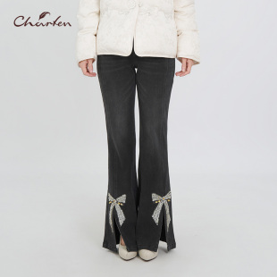 5080P 女CFF3C580 CHARFEN美式 复古黑色喇叭开叉水钻蝴蝶结牛仔裤