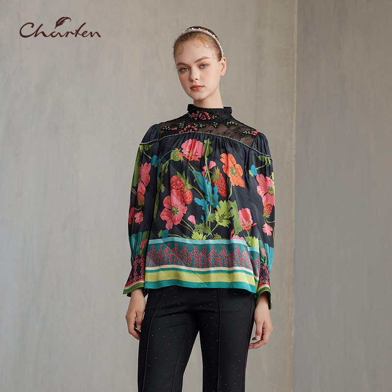 CHARFEN度假风印花立领衬衫