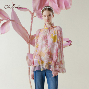 Charfen朝峰春新款 蝴蝶结荷叶边温柔书香油画上衣2413028 女花衬衫
