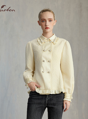 CHARFEN复古巴洛克风双排扣荷叶边衬衫女提花上衣CFE5E826-8058T