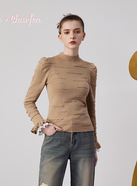 CHARFEN202秋季新款重工荷叶边袖针织衫上衣女CFE3C557-5078C