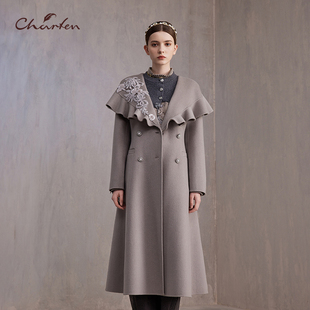 CHARFEN秋季 0055A 优雅气质重工钉珠亮片毛呢大衣外套CFE3D031