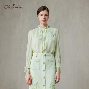 1030T CFF1C115 Charfen朝峰春新款 女百搭显瘦重工钉珠亮片衬衫