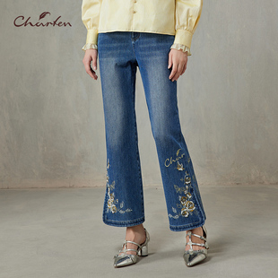 2518056 女九分微喇裤 Charfen朝峰春新款 女重工立体刺绣牛仔裤
