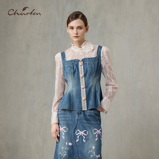 蕾丝拼接刺绣宫廷胸衣上衣2518006 女长袖 Charfen朝峰春新款 女衬衫