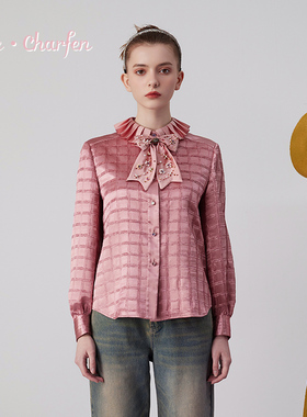 CHARFEN淑女风格纹衬衫女长袖粉复古上衣CFE3C535-5062T无领结