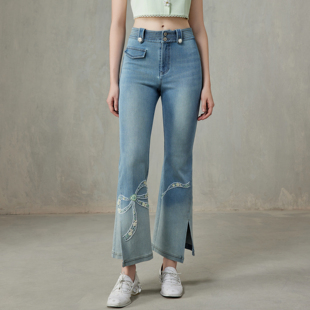 百搭修身 喇叭裤 显瘦2518055 女渐变开衩软牛仔裤 Charfen朝峰春新款