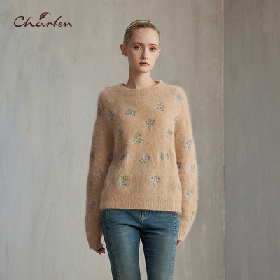 CHARFEN祖母风花朵刺绣马海毛衫