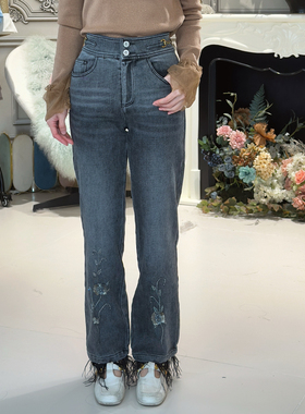 CHARFEN高腰显瘦黑色羽毛加绒微喇裤女休闲长裤CFE5D905-9161P