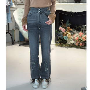 9161P CFE5D905 CHARFEN高腰显瘦黑色羽毛加绒微喇裤 女休闲长裤