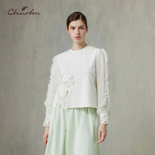 Charfen朝峰春新款女立体花朵衬衫女长袖蕾丝卫衣CFF1C128-1071B