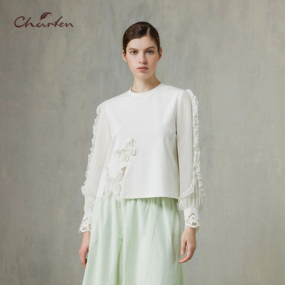 CHARFEN法式设计感立体花朵衬衫女长袖蕾丝卫衣CFF1C128-1071B