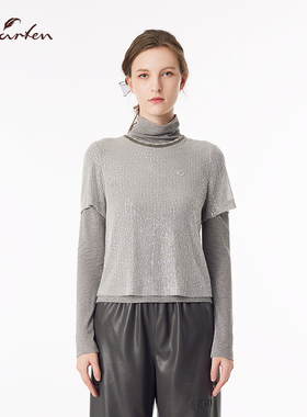 CHARFEN极简风高领针织衫女灰色拼接袖套头上衣CFF3C525-5025B