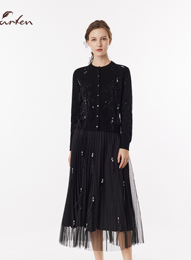 CHARFEN法式优雅圆领针织开衫女黑色千金感设计感CFF3B022-0075C