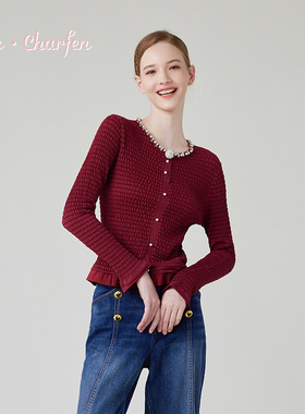 CHARFEN淑女风珍珠酒红色针织女显瘦气质套头上衣CFE1A227-2038C