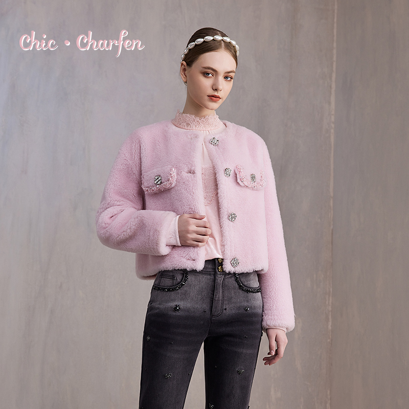 CHARFEN秋季新款时尚百搭显瘦重工钉珠皮草外套CFE3C251-2067M