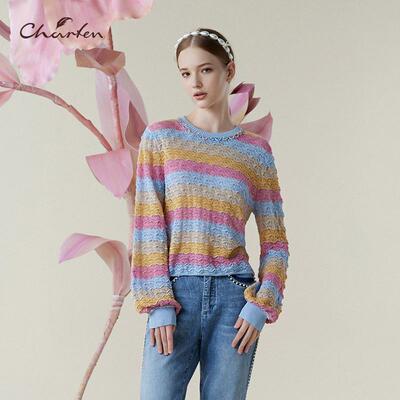Charfen朝峰春新款女甜美套头彩色条纹毛织衫上衣CFE1C131-1071C