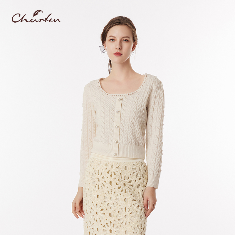 气质时尚方领小香风纽扣针织开衫