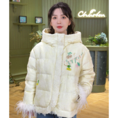 羽绒外套FJF5D602 CHARFEN新中式 钉珠花朵连帽羽绒服女短款 6017Y