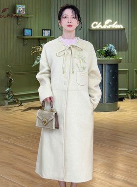 CHARFEN千金风蝴蝶结系带毛呢大衣女长款刺绣外套CFF5E980-Q313V