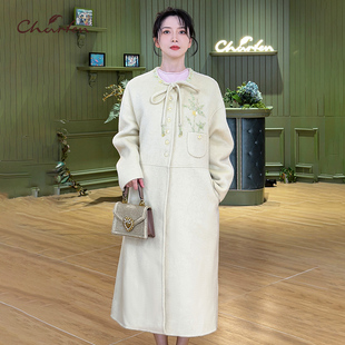 CHARFEN千金风蝴蝶结系带毛呢大衣女长款刺绣外套CFF5E980-Q313V