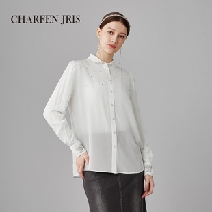CHARFENJRIS朝峰2025春季新款时尚宽松高级显瘦钉珠立领衬衫