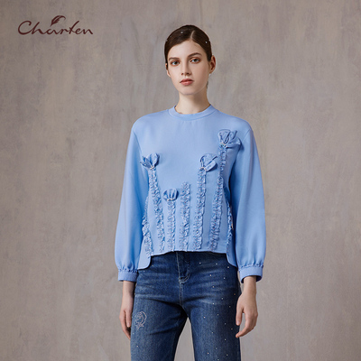 CHARFEN甜美淑女花朵针织卫衣