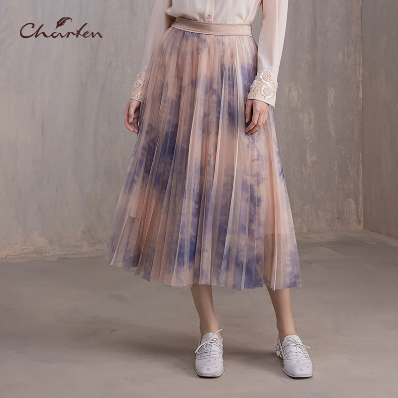 朝峰原创扎染A字裙百褶裙中长半身裙女