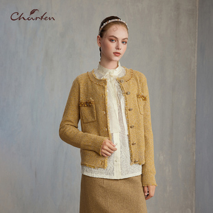 CHARFEN小香风圆领短款毛边设计开衫优雅针织外套CFE5E351-3098J