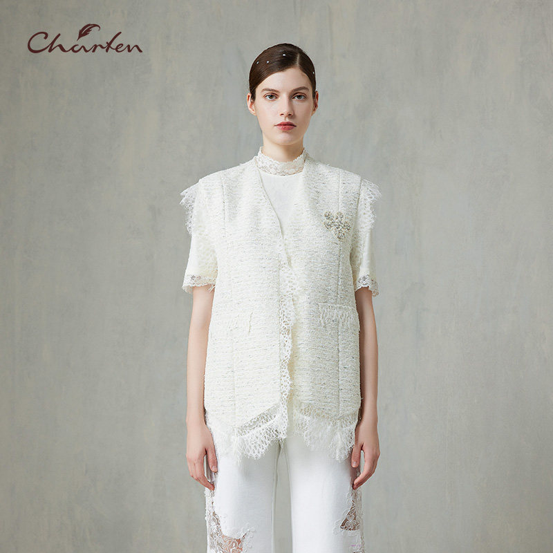 CHARFEN春季显瘦重工钉珠亮片小香风蕾丝马甲外套CFF1D350-3050A