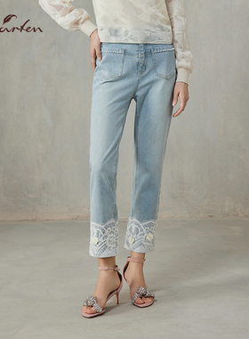 CHARFEN复古拼接高腰直筒牛仔裤蕾丝翻边显瘦裤子CFF1A303-3105P
