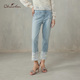 子CFF1A303 CHARFEN复古拼接高腰直筒牛仔裤 蕾丝翻边显瘦裤 3105P