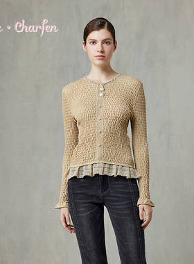 CHARFEN春季新款显瘦重工肌理感蕾丝花边针织衫CFF1B556-5060C