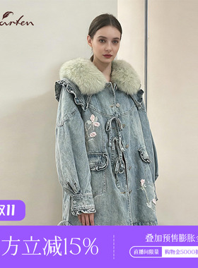 CHARFEN25冬季时尚做旧水洗派克牛仔狐狸毛领羽绒CFE5F809-8081N