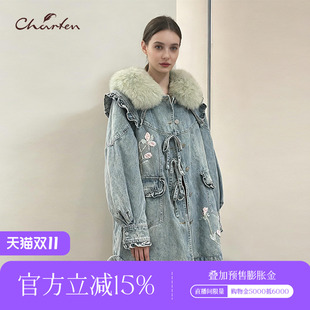 8081N 做旧水洗派克牛仔狐狸毛领羽绒CFE5F809 CHARFEN25冬季 时尚