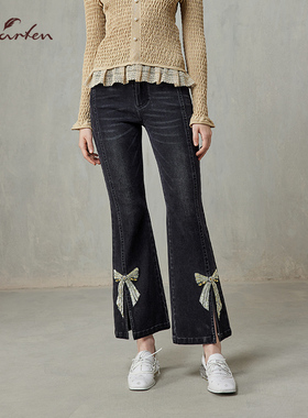 CHARFEN复古蝴蝶结装饰微喇牛仔裤显瘦重工刺绣裤CFF1A502-5002P