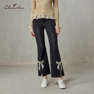 CFF1A502 显瘦重工刺绣裤 5002P 饰微喇牛仔裤 CHARFEN复古蝴蝶结装