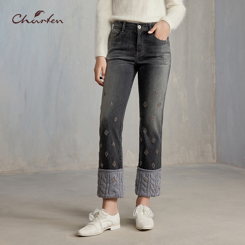 重工立体钉珠显瘦黑灰直筒牛仔裤