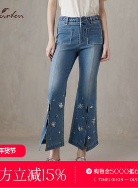 高街风刺绣牛仔喇叭裤女蓝色重工长裤百搭时尚CFF2E323-3023P