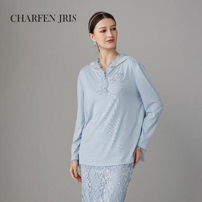 CHARFENJRIS朝峰2025春季新款法式宽松拼接蕾丝衬衫连帽上衣女