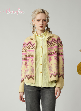 CHARFEN民族风复古费尔岛毛针织衫女拉链开衫外套CFE5F528-5037C