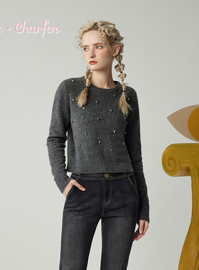 CHARFEN老钱风钉珠秋冬圆领套头高智风针织上衣女CFE5D510-5010C
