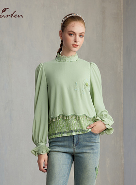 CHARFEN甜美风泡泡袖衬衫女蕾丝拼接褶边上衣小衫CFE5F818-1053T