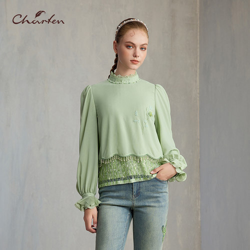 CHARFEN甜美蕾丝泡泡袖衬衫女