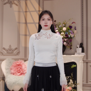 气质上衣CFE5D301 打底衫 3158C 修身 CHARFEN半高领蕾丝刺绣针织衫