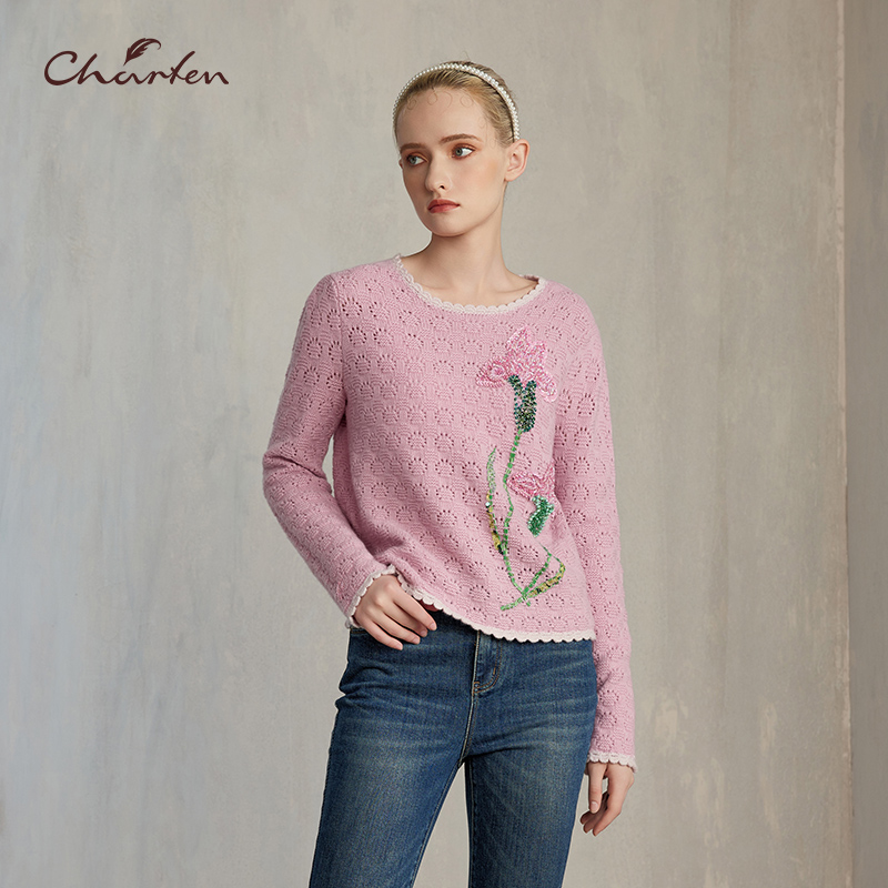 重工刺绣镂空针织套头上衣女