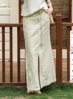 Charfen朝峰2026新款夏半身裙女新中式风刺绣花卉复古开叉裙3100E