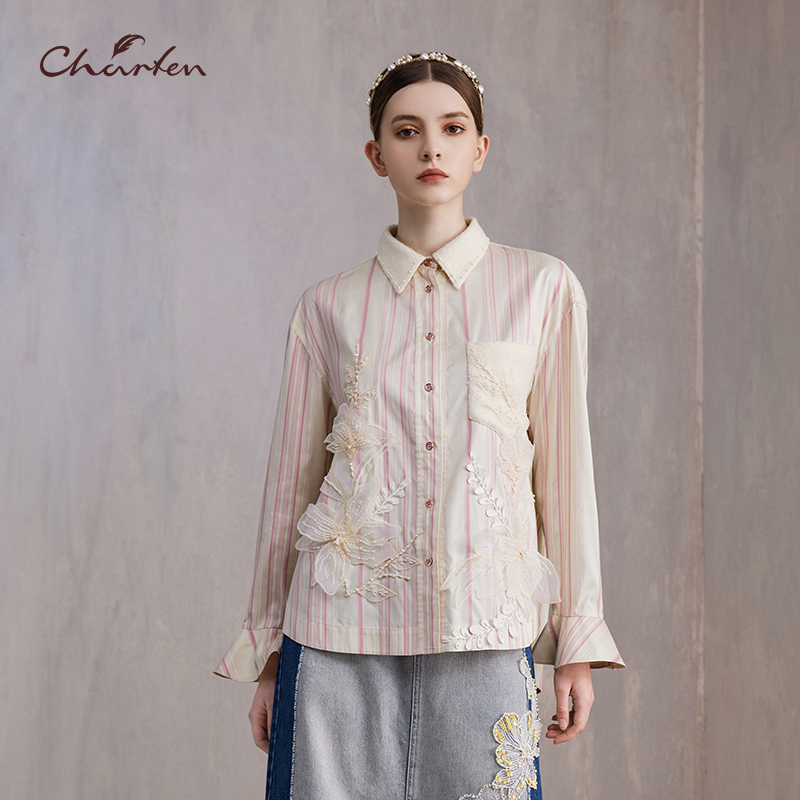 时尚百搭显瘦竖型条纹贴花衬衫