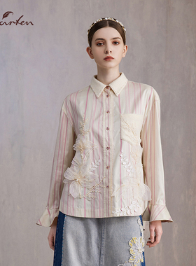 CHARFEN秋季新款时尚百搭显瘦竖型条纹贴花衬衫女CFE3D321-3101T