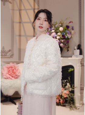 CHARFEN甜美可爱风白色羽绒服女冬季短款亮片外套CFF5D153-1000A